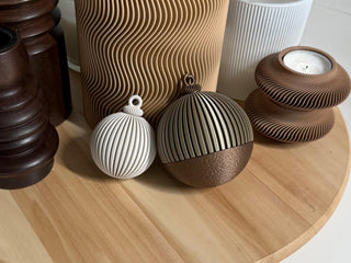 Decorative ceramic items on a wooden surface