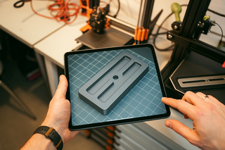 Person holding a tablet displaying a 3D model of a gray object in a workshop setting.