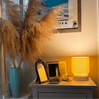 A calm corner with art in the background, showcasing a lamp, wedding picture, and decorative shells in the foreground.