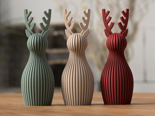 a wooden table with various decorative items, including a large mushroom-shaped object, a wooden deer figurine, and a small wooden house-shaped object.